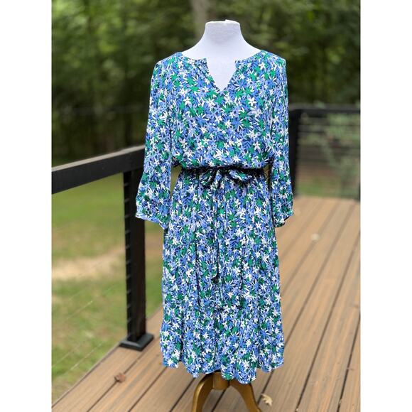 Talbots 12 Floral Colorful Blue Summer Spring Dress Waist Tie Balloon Sleeves - Picture 1 of 8